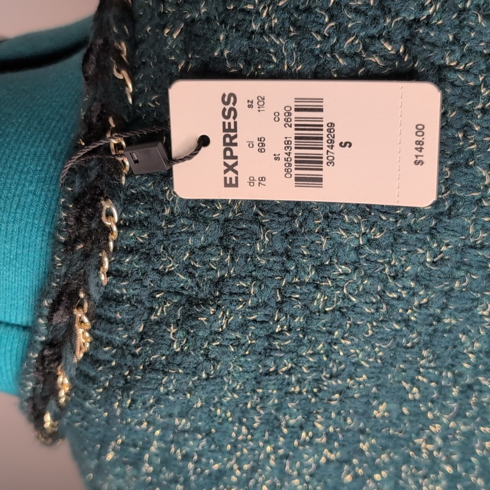 Express Emerald Green Metallic Lurex Chain Trim Tweed Women's Blazer Size S, NWT - Picture 6 of 8